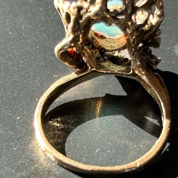 14K Genuine Opal Diamond Cocktail Ring Antiqued Cage Floral Motif Vintage Size 7 - Picture 13 of 17